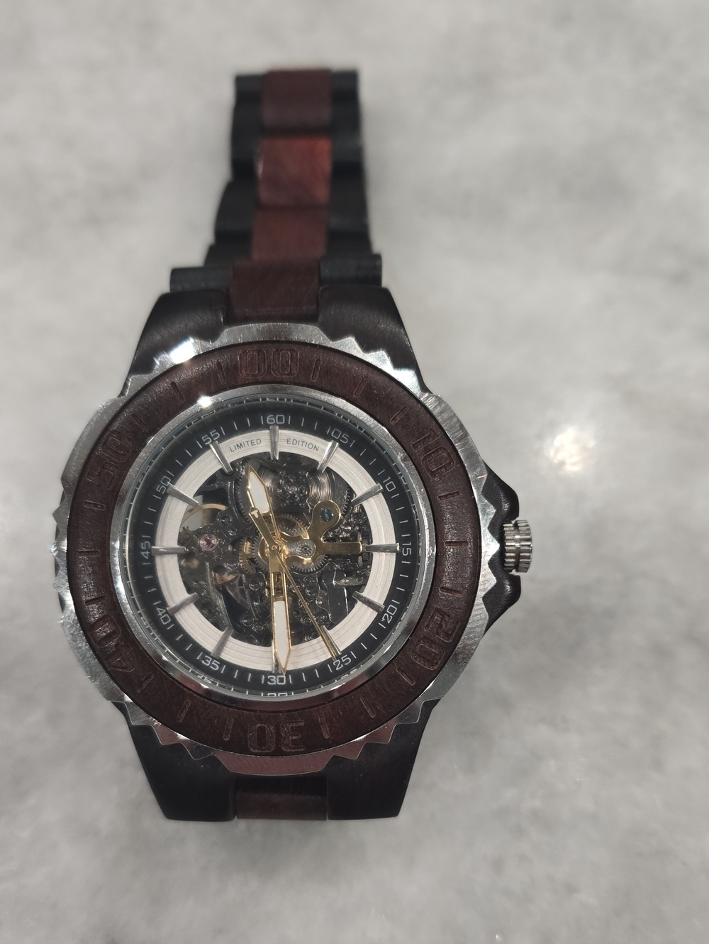 Men's Brown Wood-Accented Automatic Skeleton Watch